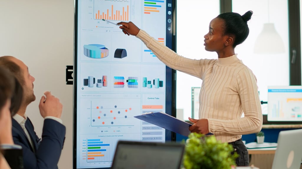 Team leader presenting data visualizations on a large screen during a strategy meeting with colleagues.